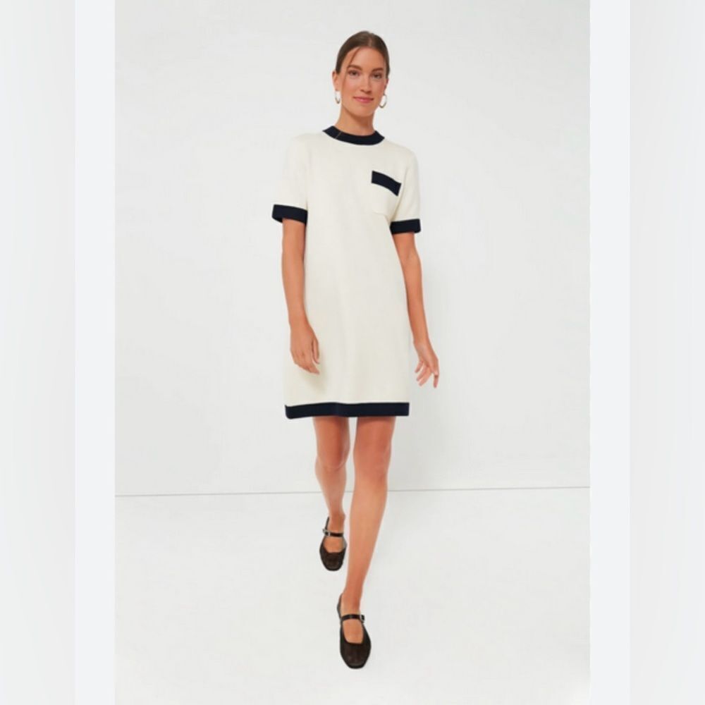 TUCKERNUCK Dress M Merritt Wool Blend Ivory Black Knit Short Sleeve